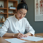 Acupunture chinoise femme préparant documents médicaux