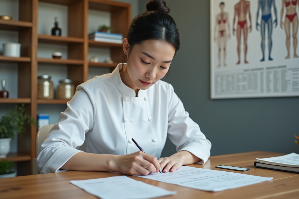 Acupunture chinoise femme préparant documents médicaux