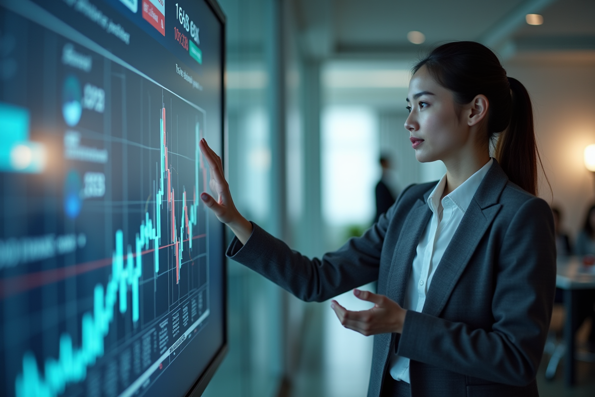 Jeune analyste financier en discussion devant un écran interactif