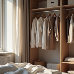 Armoire capsule dans une chambre moderne britannique avec vêtements