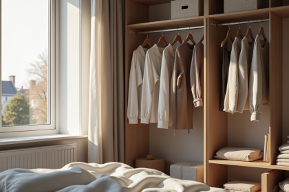 Armoire capsule dans une chambre moderne britannique avec vêtements