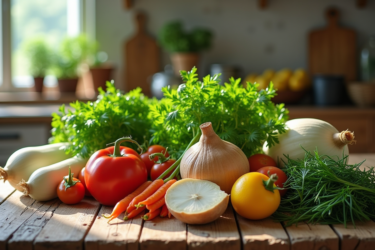 Assortiment de légumes frais commençant par D sur une table en bois