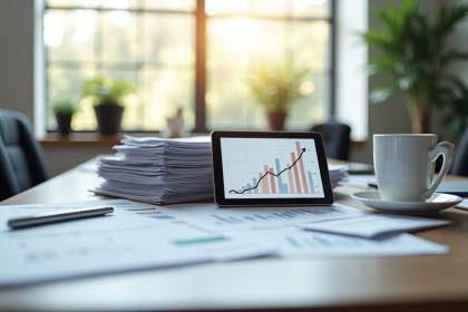 Bureau moderne avec documents financiers et tablette