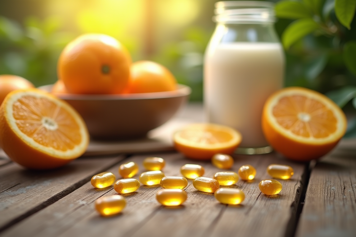 Capsules de vitamine D3 avec oranges et lait