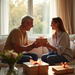 Couple heureux échangeant des cadeaux pour leur anniversaire