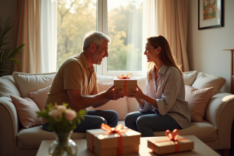 Couple heureux échangeant des cadeaux pour leur anniversaire