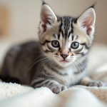 Chaton gris et blanc sur une couverture beige
