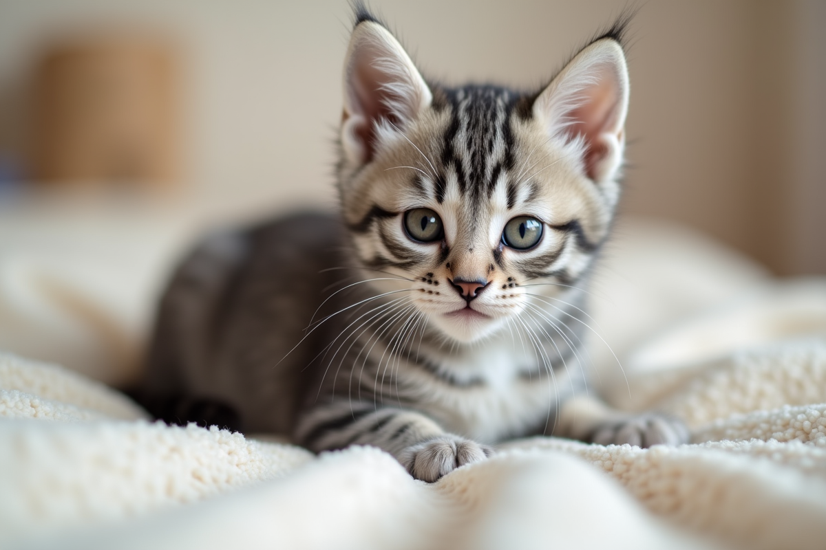 Chaton gris et blanc sur une couverture beige
