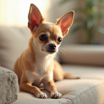 Chihuahua assis sur un canapé lumineux et cosy