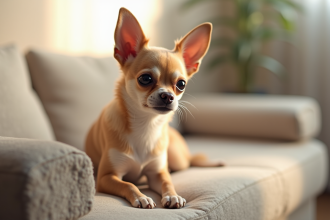 Chihuahua assis sur un canapé lumineux et cosy