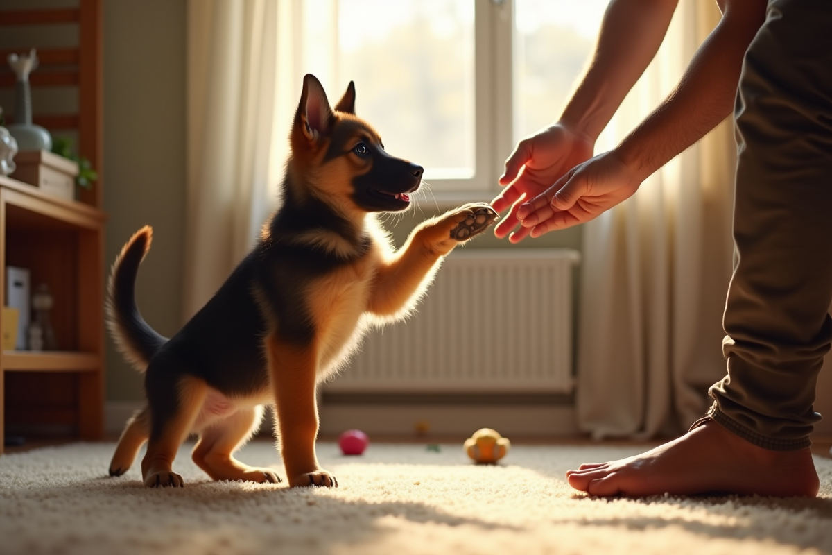 Chiot berger allemand apprend le shake en intérieur
