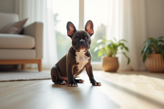 Jeune chiot bulldog français dans un salon lumineux