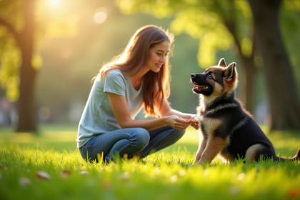 Chiot berger allemand assis dans un parc ensoleille