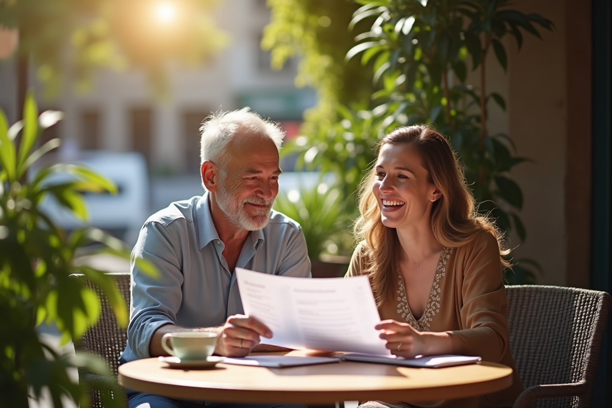 Couple souriant discutant d investissements au cafe