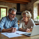 Couple français en cuisine examinant des documents