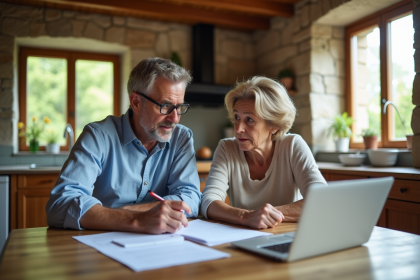 Couple français en cuisine examinant des documents
