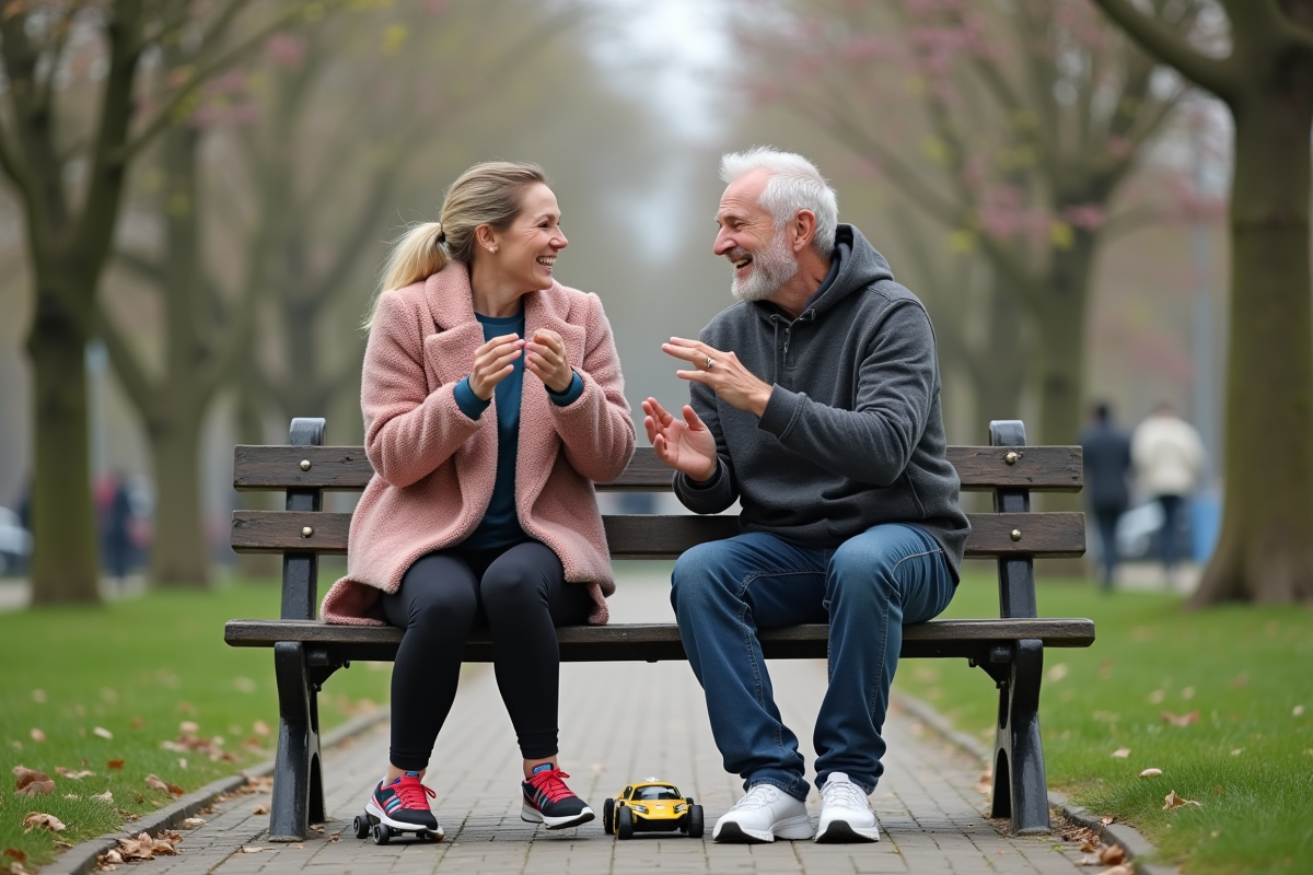 Couple jouant avec des voitures en jouet dans un parc au printemps