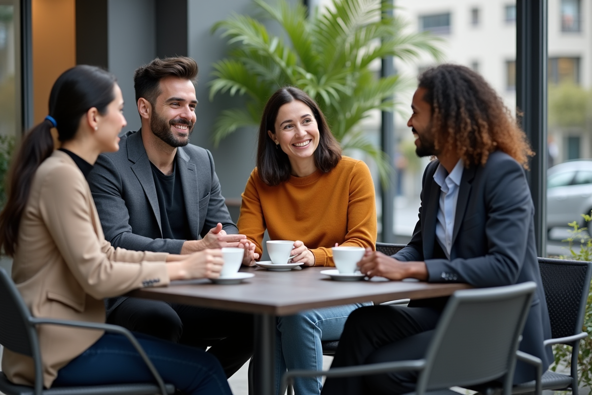 Collègues discutant autour d un café en extérieur