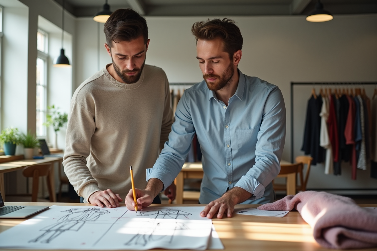 Deux hommes discutant et esquissant des designs de vêtements
