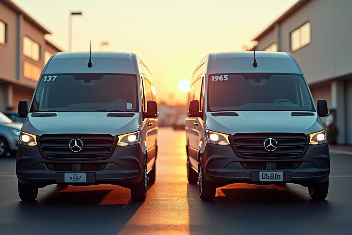 Deux vans garés côte à côte lors d'une vente de véhicules