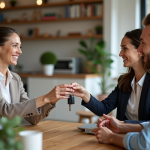 Femme souriante remettant les clés à un couple dans un appartement moderne