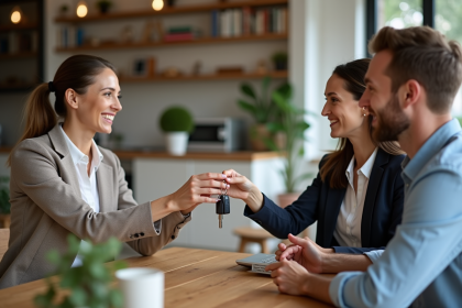 Femme souriante remettant les clés à un couple dans un appartement moderne