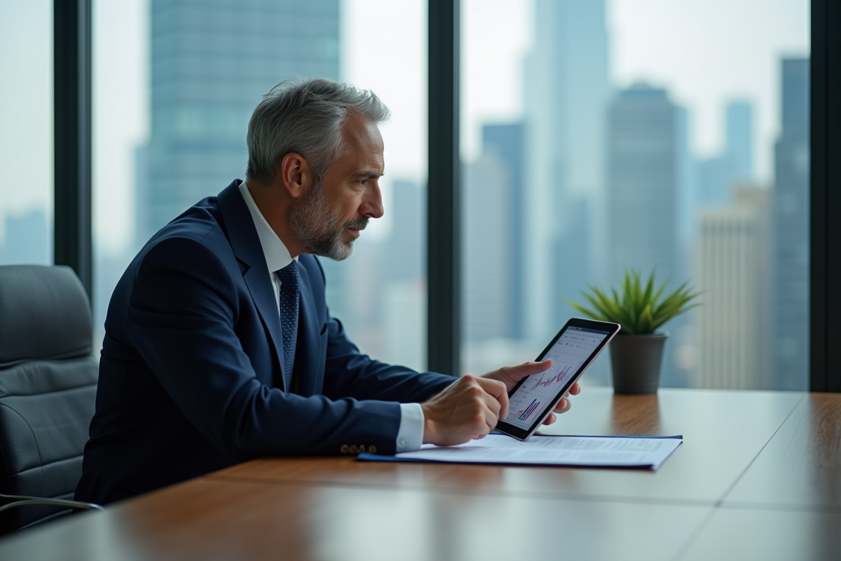 Economiste homme en costume analysant des graphiques financiers