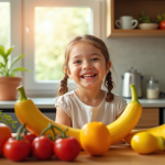 Enfant souriante avec fruits et legumes en forme de V