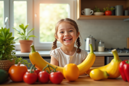 Enfant souriante avec fruits et legumes en forme de V