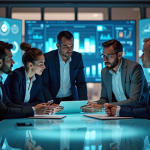 Groupe de professionnels discutant autour d'une tablette en bureau moderne