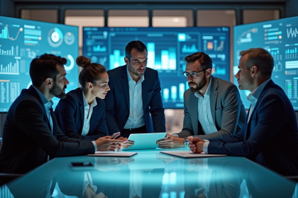 Groupe de professionnels discutant autour d'une tablette en bureau moderne