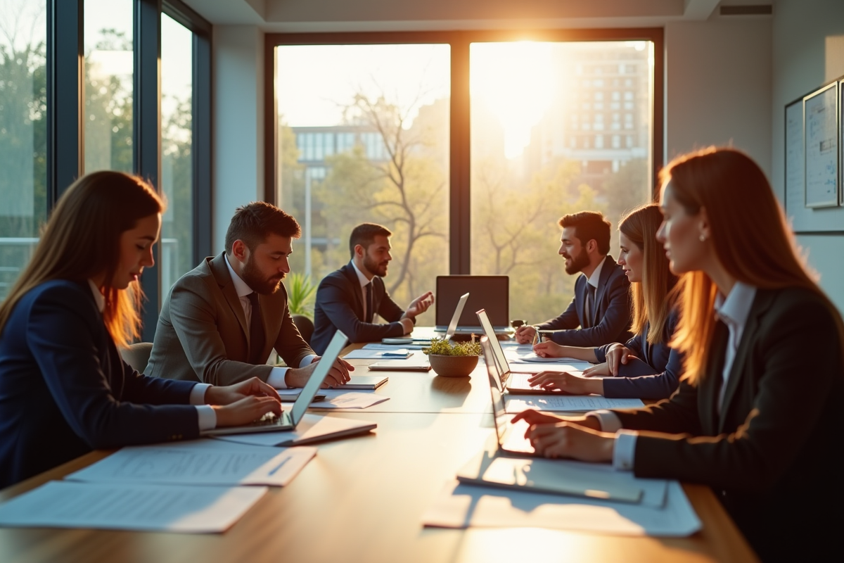 Groupe de professionnels collaborant dans un bureau lumineux