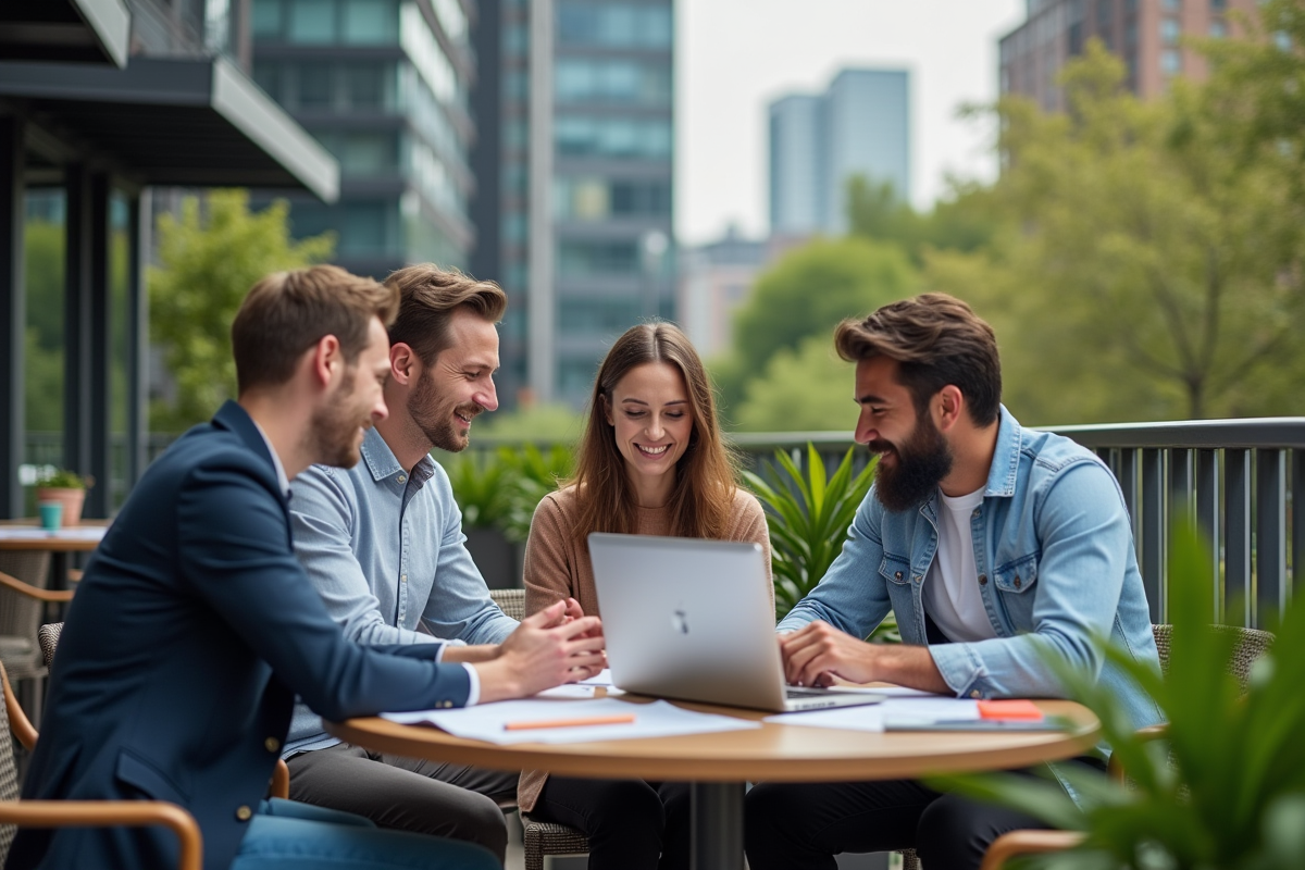 Groupe de collègues discutant dans un café urbain