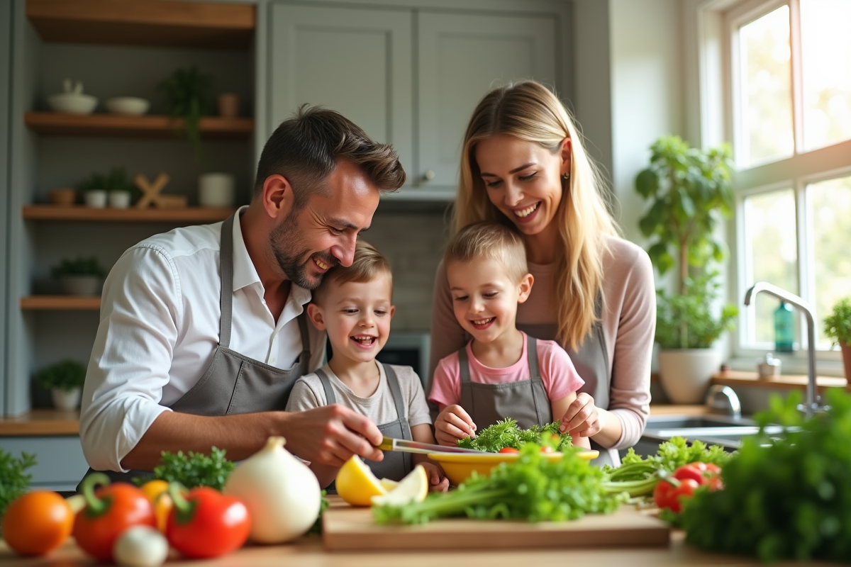 Famille heureuse préparant une salade saine dans une cuisine lumineuse