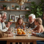 Famille multigenerational partageant un repas convivial à la maison