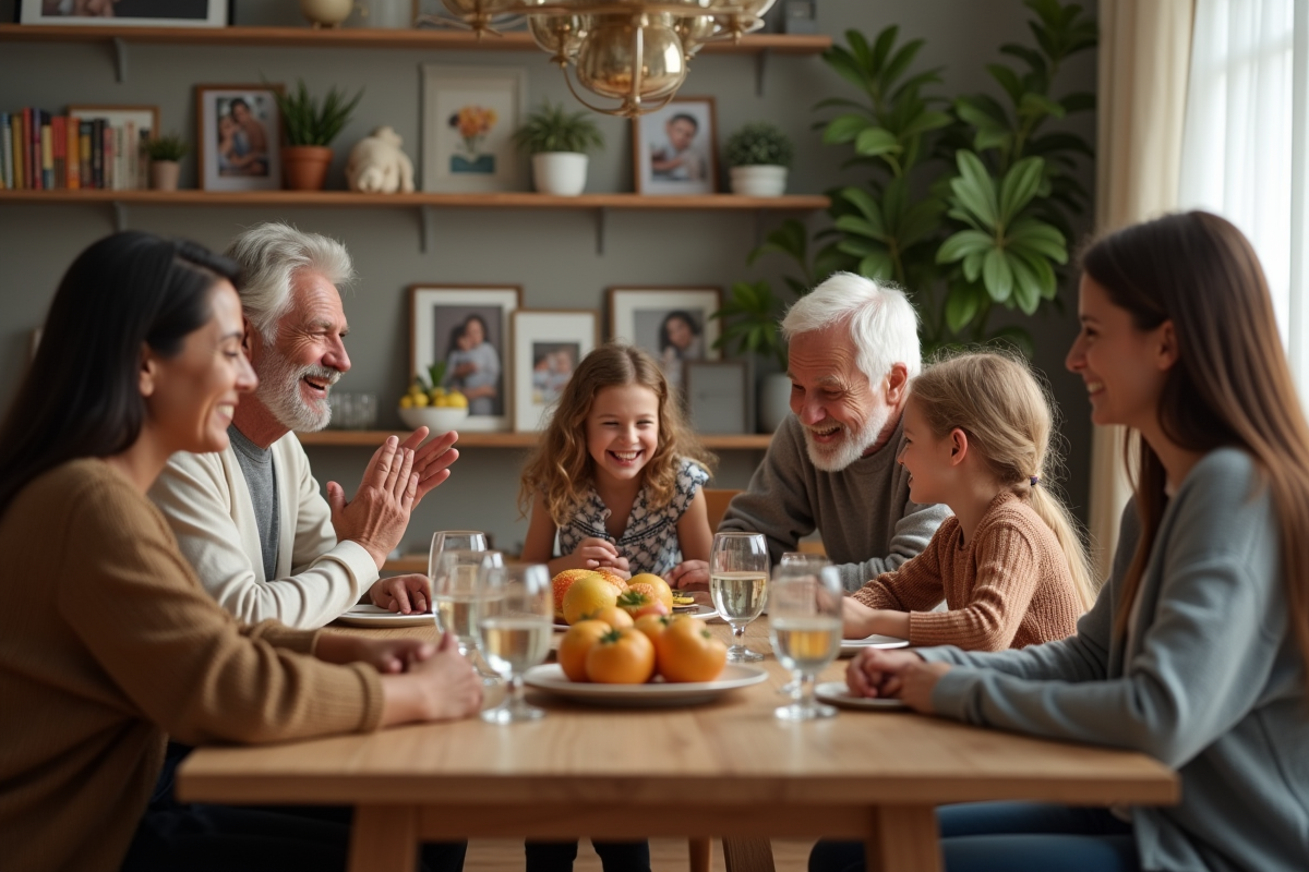Famille multigenerational partageant un repas convivial à la maison