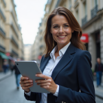 Femme d'affaires en costume navy devant un bâtiment parisien