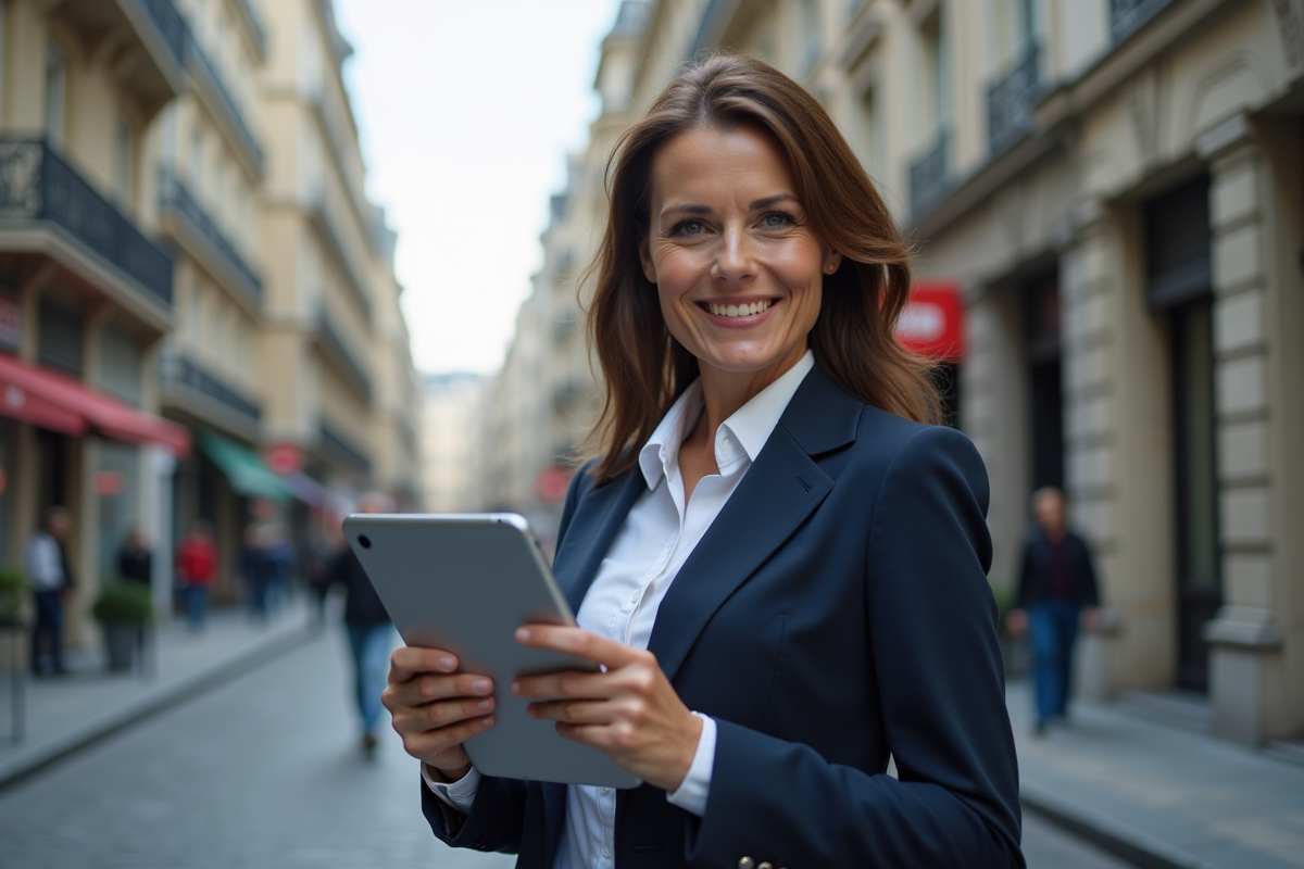 Femme d'affaires en costume navy devant un bâtiment parisien