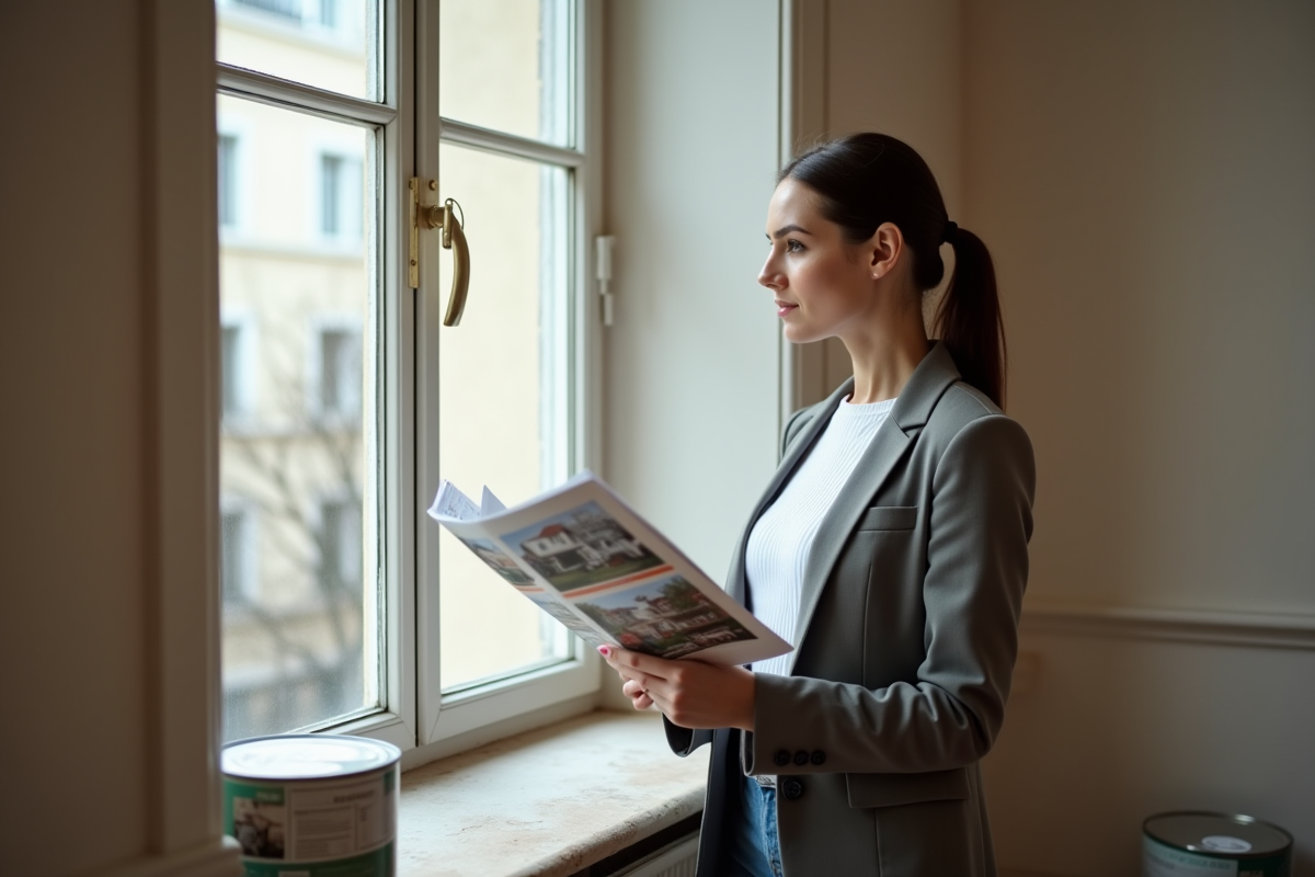 Jeune femme regardant par la fenêtre d un appartement rénové