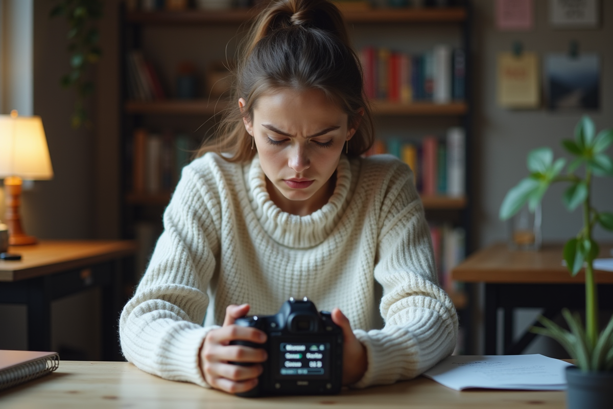 Jeune femme frustrée utilise un appareil photo en intérieur