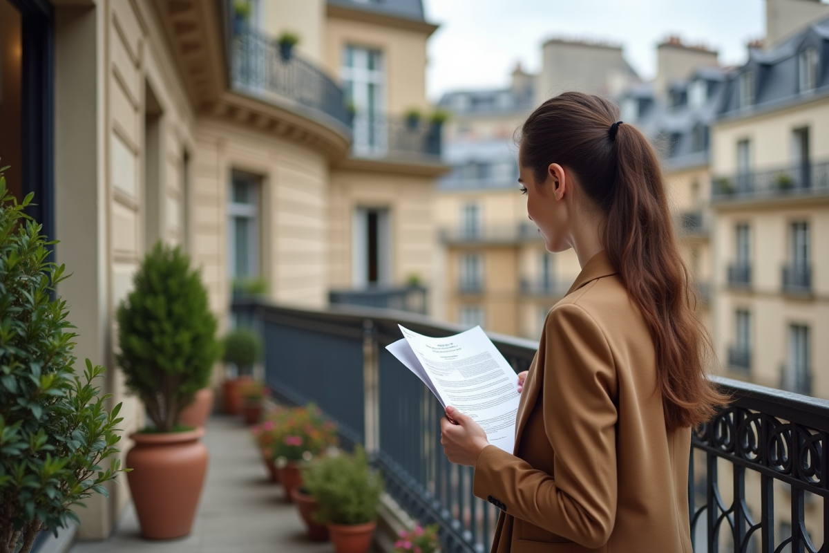 Jeune femme regardant un contrat immobilier sur un balcon parisien