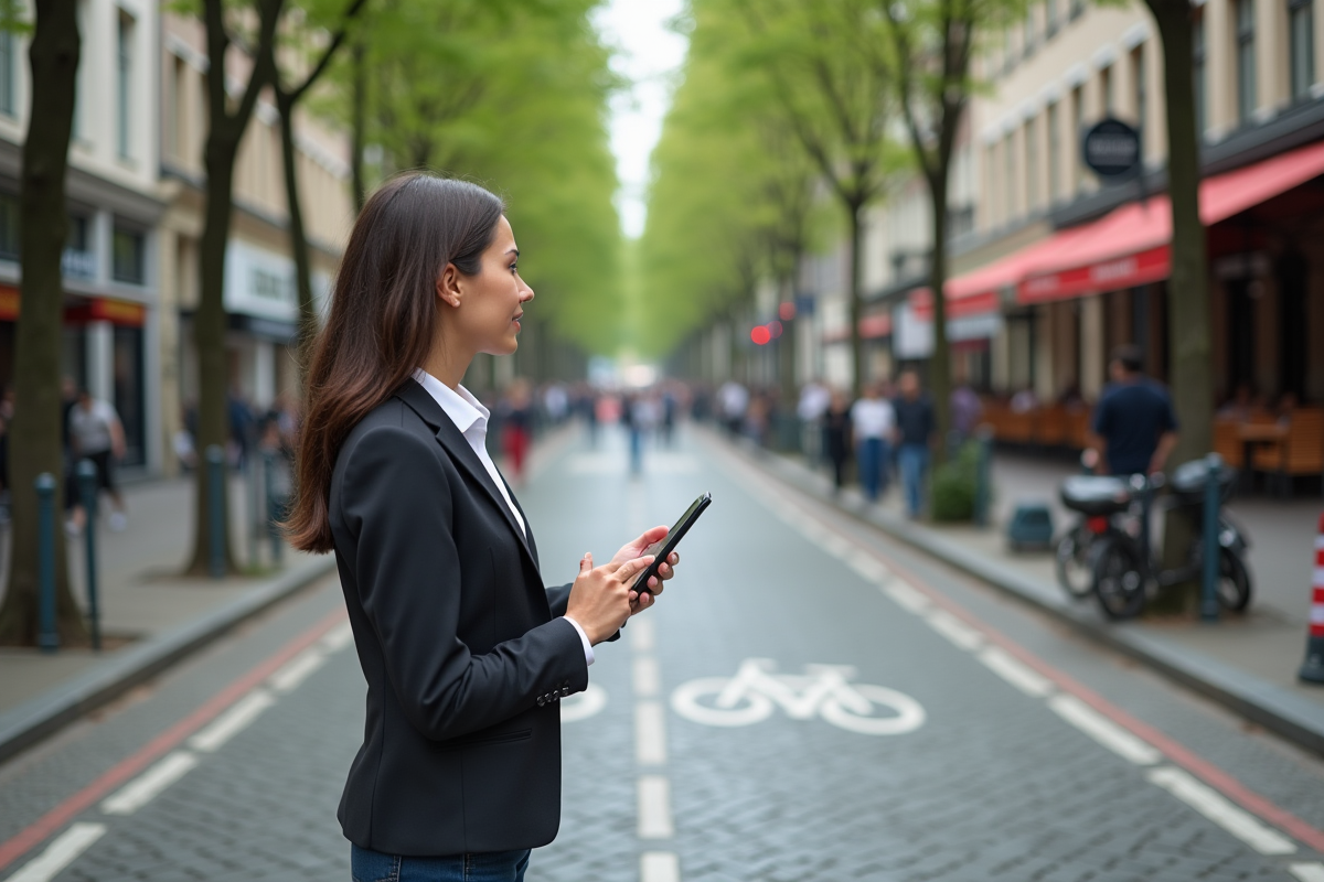 Jeune femme en tenue décontractée indique des pistes cyclables en ville