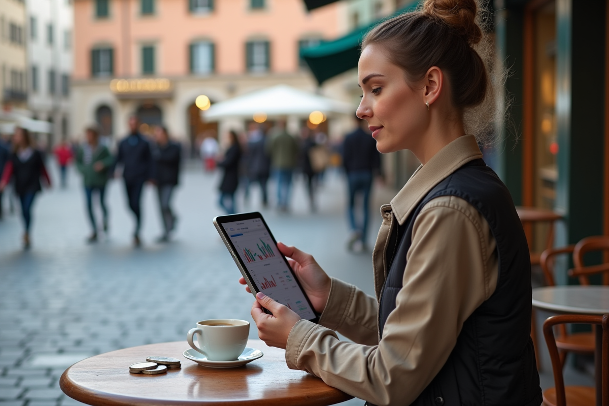 Jeune femme utilisant une tablette avec graphiques de devises