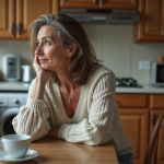 Femme contemplative dans une cuisine modeste