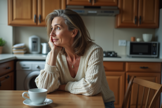 Femme contemplative dans une cuisine modeste
