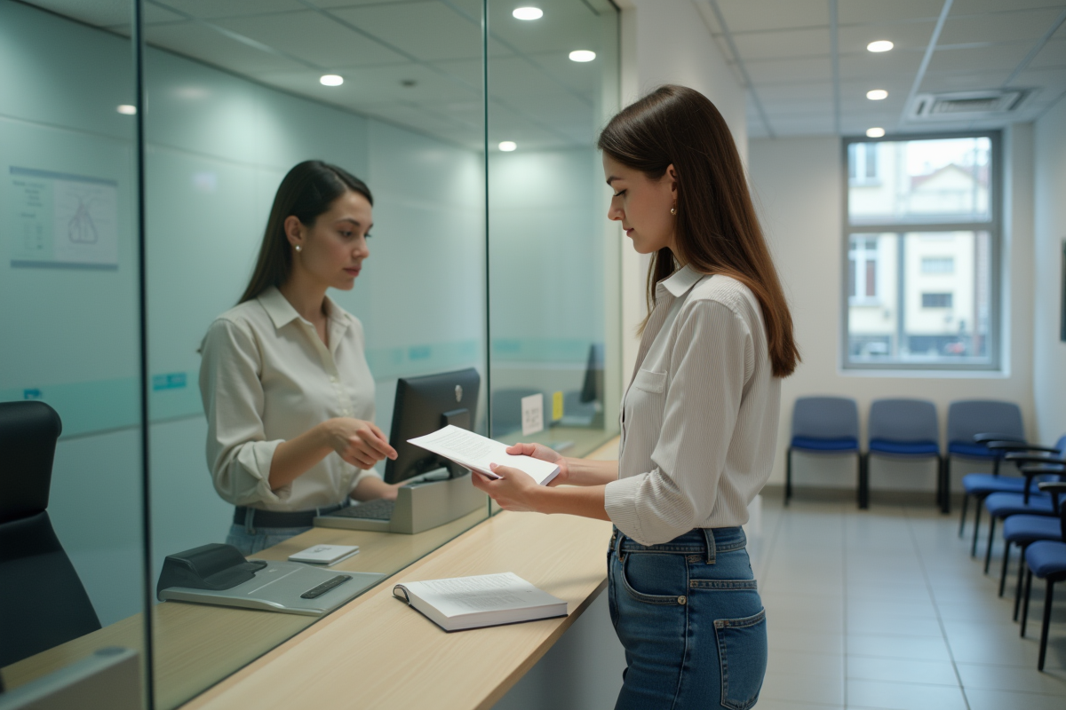 Jeune femme remettant un dossier à un agent dans un bureau municipal