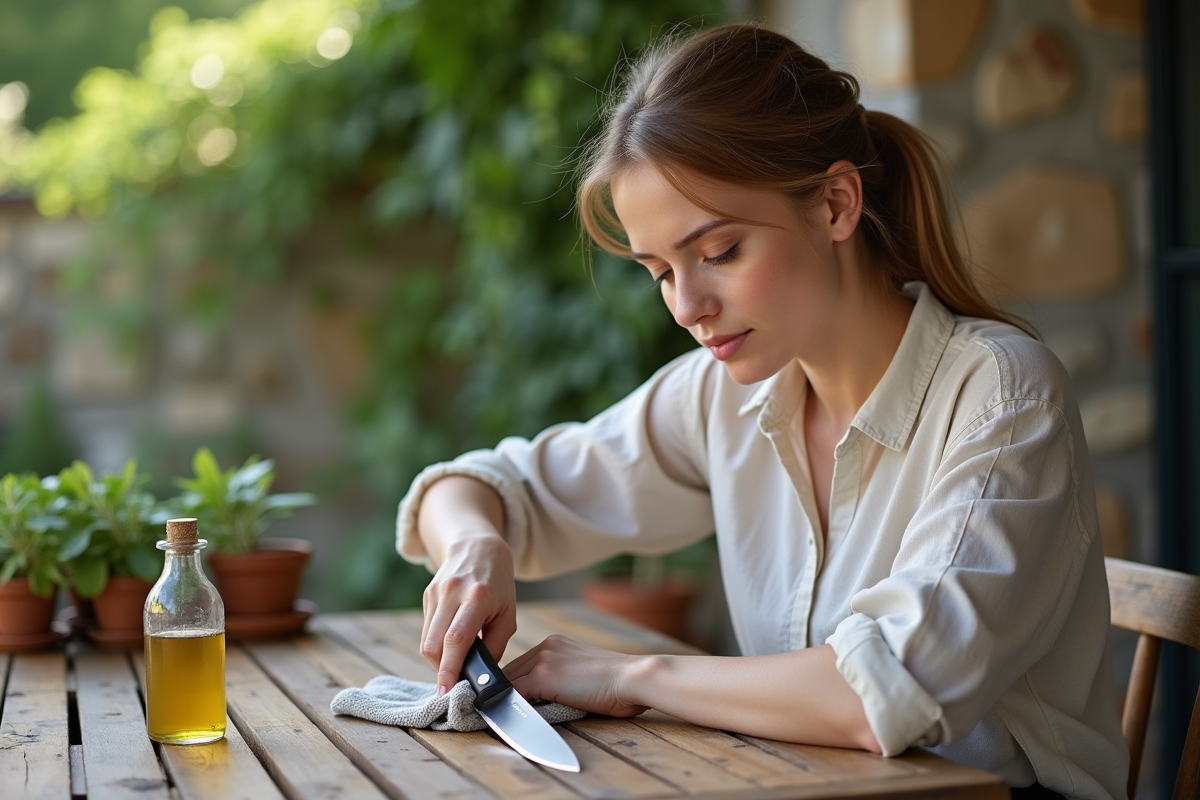 Jeune femme nettoyant un couteau en extérieur sur terrasse