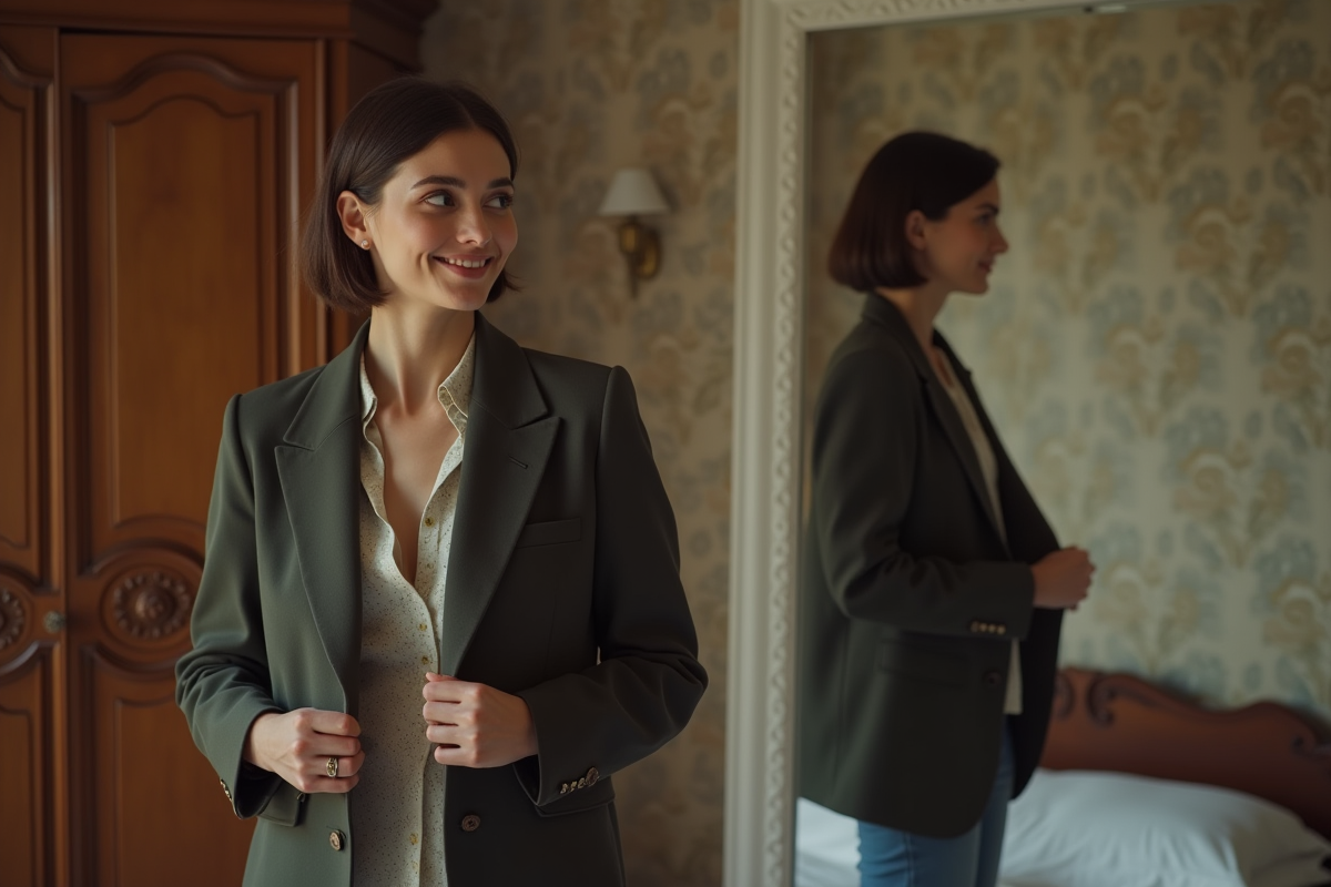 Jeune femme essayant un blazer dans sa chambre chaleureuse