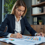 Femme professionnelle en bureau avec documents fiscaux