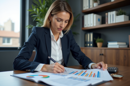 Femme professionnelle en bureau avec documents fiscaux